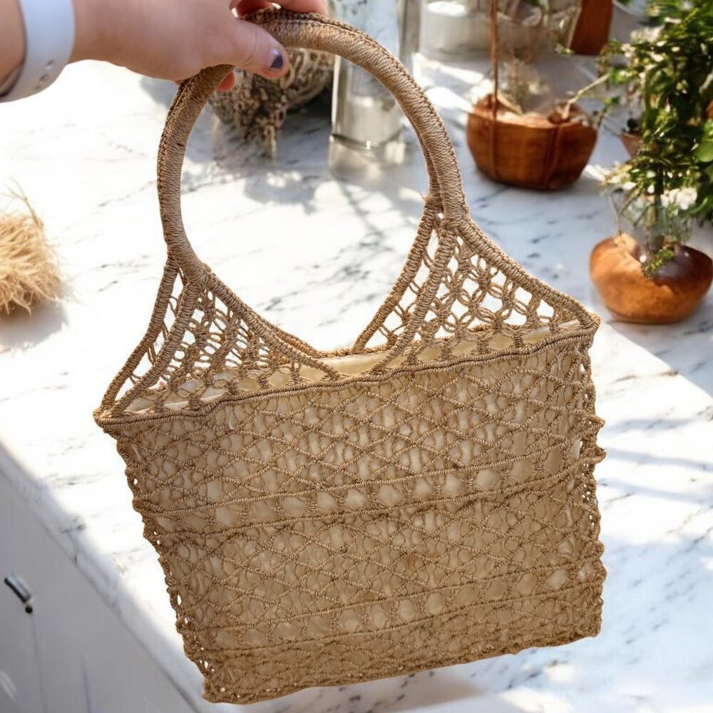 Vintage Crochet Jute Handbag With Lining Double Handles - Picture 2 of 8